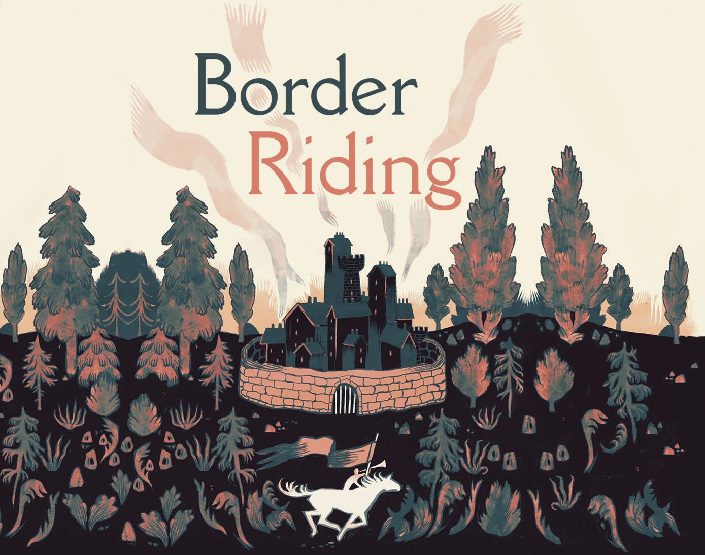 Title: Border Riding. Illustration of a walled village with stylised tall buildings and towers, chimney smoke rising into a bight sky. Directly below the village gallops a rider, holding a banner and blowing a trumpet.