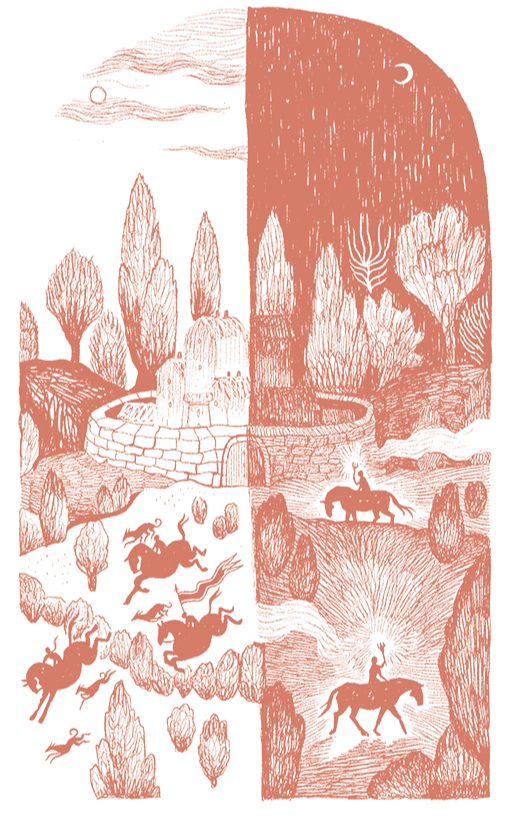 Sketchy illustration. A scene focused on a walled village, broken into two halves. On the left it is daytime, and riders on horseback with hunting dogs race across the country side. On the right it is night time, illuminated by riders with torches.