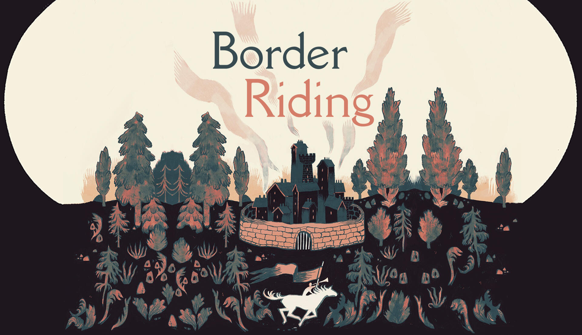 Title: Border Riding. Illustration of a walled village with stylised tall buildings and towers, chimney smoke rising into a bight sky. Directly below the village gallops a rider, holding a banner and blowing a trumpet.